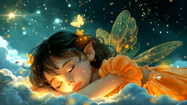 Cute fairy girl sleeping on clouds. Seamless looping time-lapse 4k video animation background