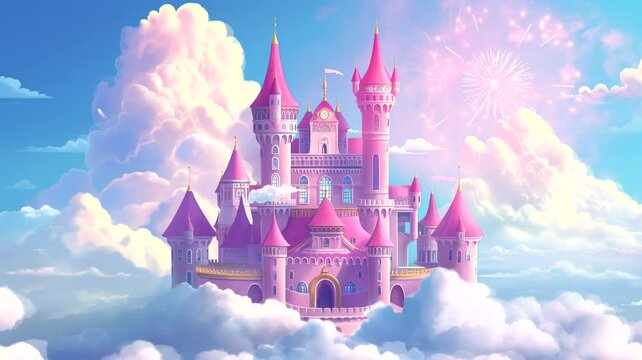 Fairy tale castle with fireworks on the clouds. Seamless looping time-lapse 4k video animation background