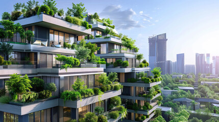 modern eco-friendly buildings with green plants in a big city, vertical gardening