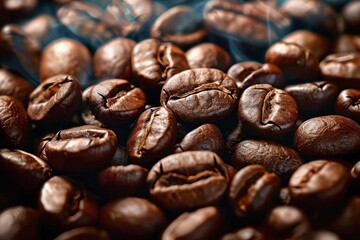 Naklejka premium Close up of coffee beans as textured background detailed view capturing essence of freshly roasted beans perfect for espresso and gourmet beverages embodying rich aroma and energy of morning