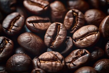 Close up of coffee beans as textured background detailed view capturing essence of freshly roasted beans perfect for espresso and gourmet beverages embodying rich aroma and energy of morning