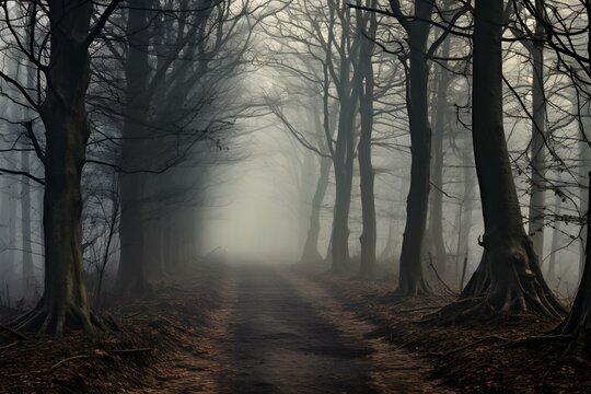 Mysterious forest path enveloped in thick fog with barren winter trees. Concept Mystery, Forest, Fog, Winter, Trees