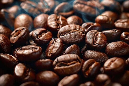 Close up of coffee beans as textured background detailed view capturing essence of freshly roasted beans perfect for espresso and gourmet beverages embodying rich aroma and energy of morning © Bussakon