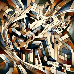  Depict a musician playing an instrument through fragmented, overlapping shapes, capturing the rhythm and movement of the music.