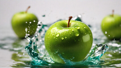 Green apples falling into water with splash and water drops on grey background
