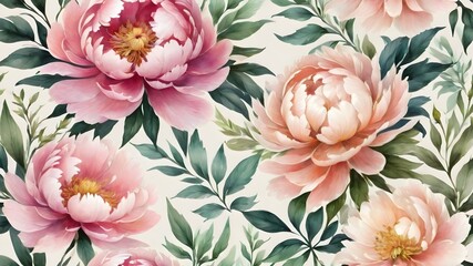 floral seamless pattern with lush peonies botanical wallpaper luxurious floral background realistic flowers hand drawn 3d illustration great for wallpaper design fabric,vinatge  - obrazy, fototapety, plakaty