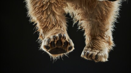 Close-up of a polar bear's paw in a jump on a black background. Animal in motion. - obrazy, fototapety, plakaty