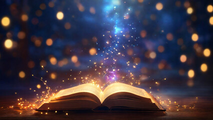 Open book with magic light bokeh background. Christmas and New Year concept