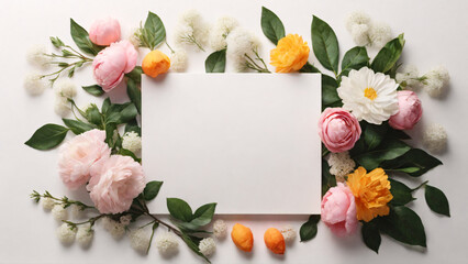 Beautiful flowers and Blank card flat lay on white background, top view. Space for text