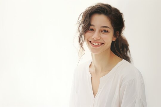 In a customizable setting, a captivating portrait captures the radiant smile of a girl against a pristine white background in the background image.
