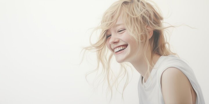 Against a pristine white backdrop, a radiant girl with a beaming smile stands, offering ample space for customization in the background image.