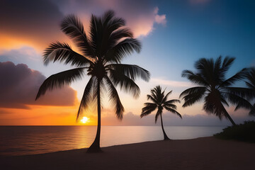 Palm Tree on Beach With Sunset