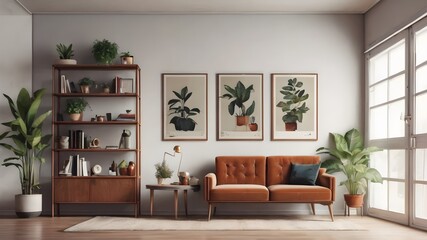 retro  living room with sofa and plants 