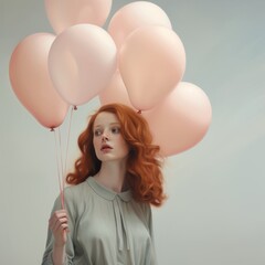 In the background image, a model stands holding pink balloons against a light green backdrop, offering a refreshing and vibrant scene for customization.