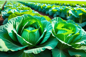 Large Group of Green Cabbage Plants in a Field