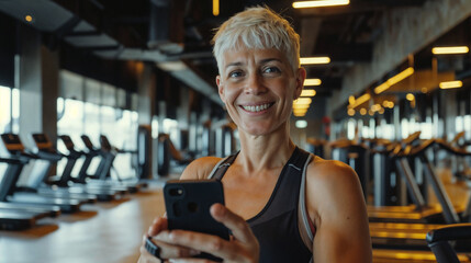 Smiling Woman with Short White Hair in Modern Gym, Holding Smartphone, Cardio Area with Treadmills and Ellipticals, Tank Top Outfit, Clean and Dimly Lit Ambiance - obrazy, fototapety, plakaty