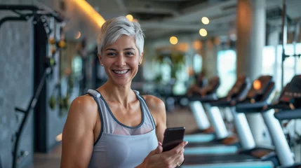 Fotobehang Smiling Woman with Short White Hair in Modern Gym, Holding Smartphone, Cardio Area with Treadmills and Ellipticals, Tank Top Outfit, Clean and Dimly Lit Ambiance © Michael
