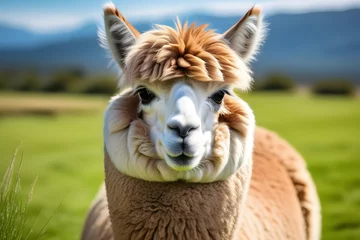 Deurstickers Brown and White Llama Standing on Lush Green Field © D