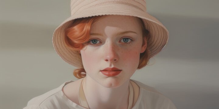 In a close-up shot, a girl's gaze meets the viewer directly, framed by a stylish hat, her expression neutral yet captivating, inviting interpretation and connection.