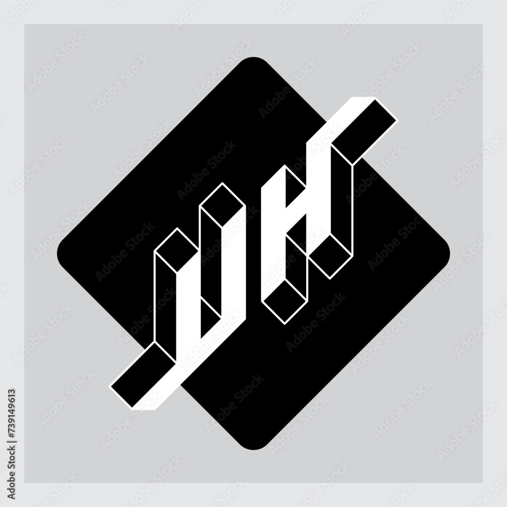 Poster UH - 2-letter code. U and H - Monogram or logotype. Isometric 3d font for design. Three-dimension letters on a rectangular substrate with rounded corners. HU.