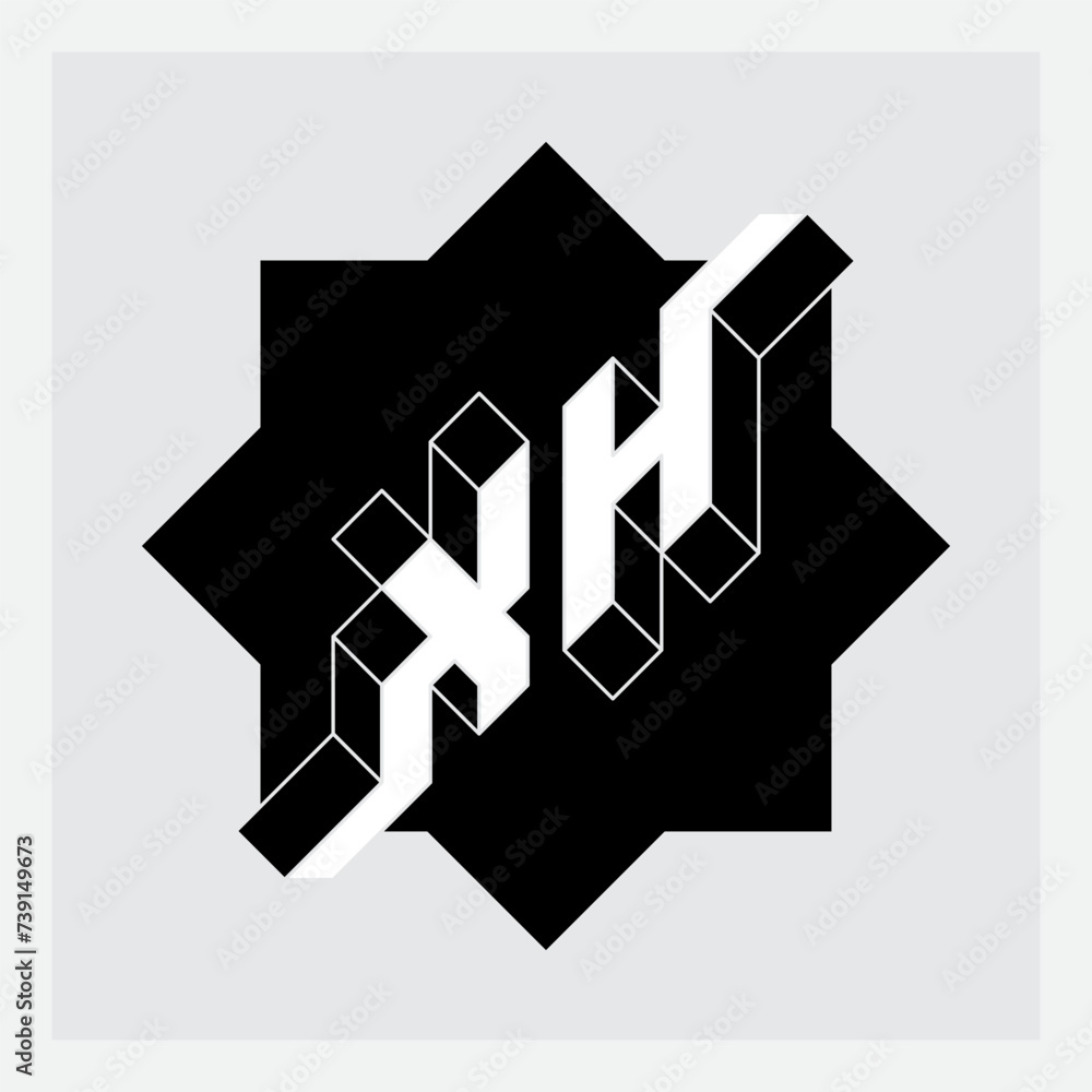 Poster xh - monogram or logotype. vector. volume alphabet. three-dimension letters x and h. isometric 3d fo