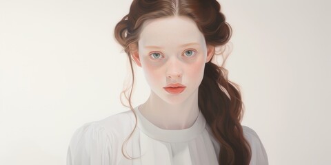 In the background image, a girl gazes directly ahead against a clean white backdrop, providing ample space for customization to tailor the scene according to specific needs and preferences.