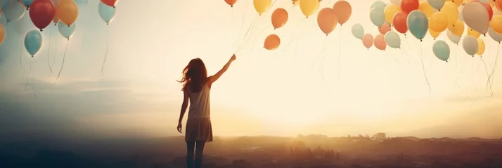 Poster In the wide background image, a child holds onto balloons while more balloons drift away into the sunset, creating a picturesque scene filled with warmth and nostalgia. © DIMENSIONS