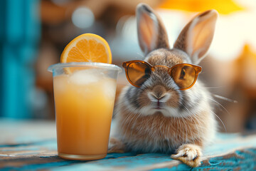Rabbit with sunglasses drinking orange juice at a bar. Summer vacation and leisure concept for poster and banner design