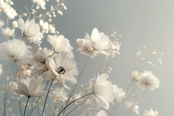 White anemone flowers swaying gently, their dark centers a stark contrast to a soft, sky background