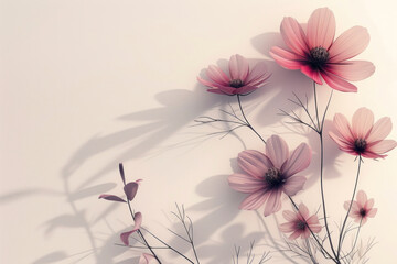 The delicate of cosmos flowers bathed in soft light, casting elegant shadows on a gentle background