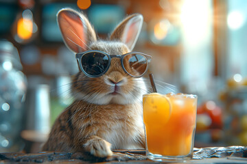 Rabbit with sunglasses drinking orange juice at a bar. Summer vacation and leisure concept for poster and banner design - obrazy, fototapety, plakaty