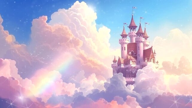 Fairy palace on clouds. Seamless looping time-lapse 4k video animation background