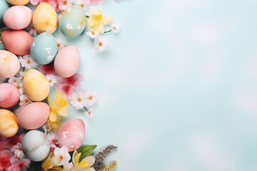 Easter eggs and flowers. Easter Delight: Painted Eggs Banner on Bright Background. Generative ai