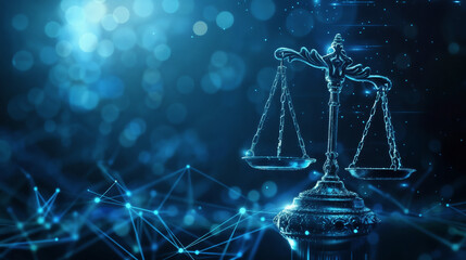 Iconic Law and Justice Symbol, Classic Balanced Scales Against Futuristic Digital Network Backdrop,...