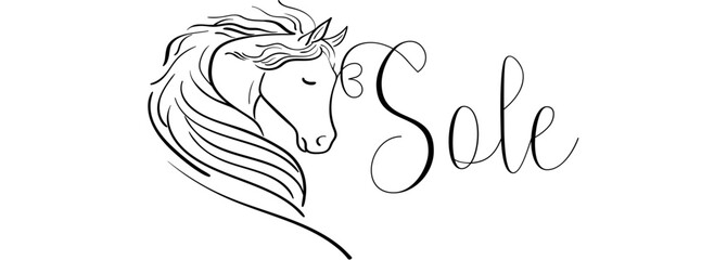 Sole - black color - name written - vector graphics with stylized horse with heart - for websites, greetings, banners, cards,, t-shirt, sweatshirt, prints, cricut, silhouette, - obrazy, fototapety, plakaty