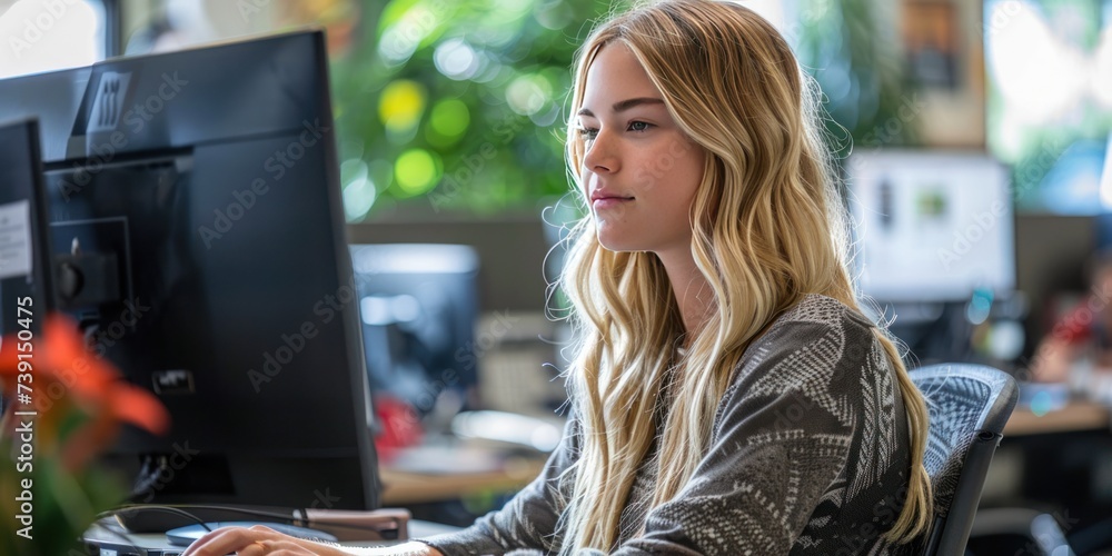 Wall mural focused businesswoman working at computer in modern office professional setting with blurred backgro