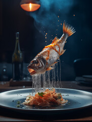 Culinary masterpiece, futuristic fish, on a dark background