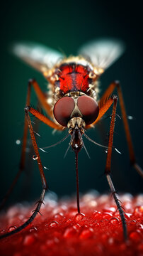 Close-up macro photography of a mosquito, on a dark background