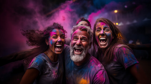 Portrait of happy people enjoy holi festival with colors on their faces