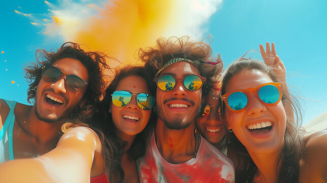 Selfie of Group of young People Celebrating Holi the Fun Way