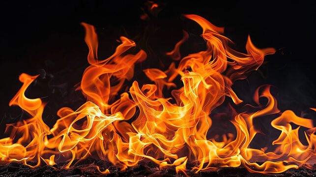 close up horizontal image of a burning fire on a dark background Generative AI