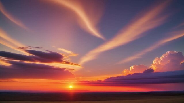 The sky ignites with a kaleidoscope of colors, as clouds paint a mesmerizing canvas in this time lapse of a sunset.
