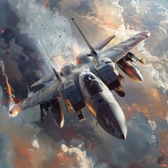 Naklejka premium Military fighter aircraft at high speed, flying high in the sky