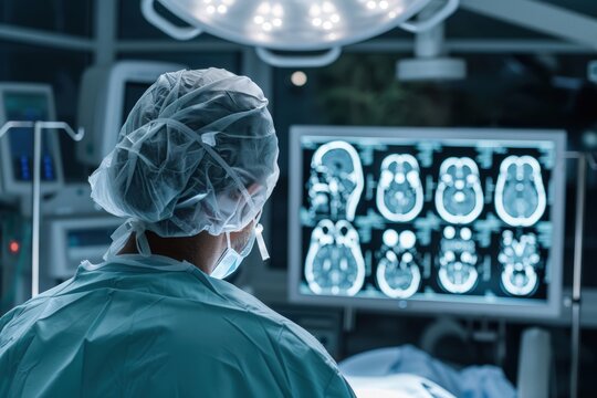 a doctor examining a brain X-ray film in the operating room