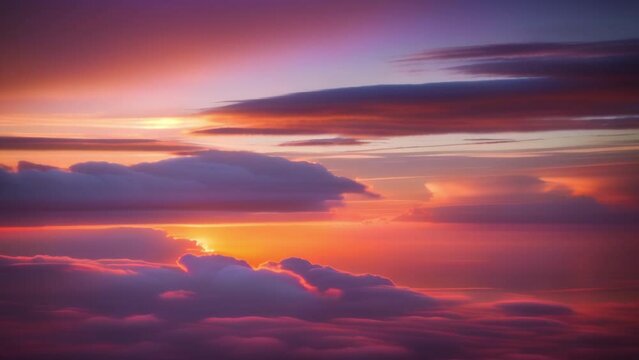 Vivid hues dance across the horizon in a mesmerizing time lapse of a sunset sky, painting clouds in a kaleidoscope of colors.
