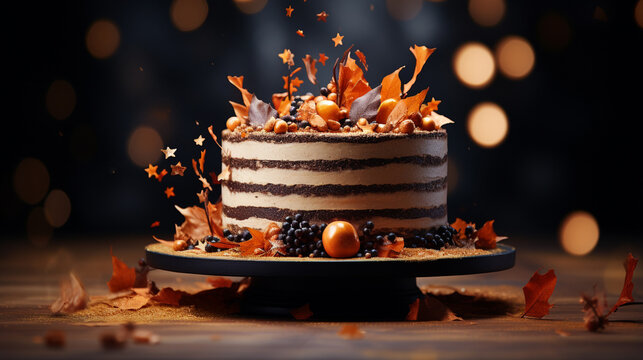 Round white cake with caramel and chocolate puffed rice on a round tray on black background