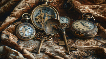 still life scene with a collection of antique keys and pocket watches on a velvet cloth