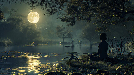 silhouette of a person meditating in a peaceful garden - obrazy, fototapety, plakaty