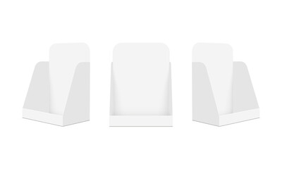 Set Of Counter Display Boxes Mockups, Front, Side View, Isolated On White Background. Vector Illustration