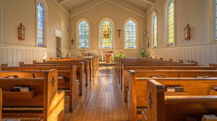 Fototapeta na wymiar Sunlit Church Interior Featuring Stained Glass Windows, Lent Season Symbol - Wooden Pew Rows Leading to Altar, Serene Contemplative Atmosphere